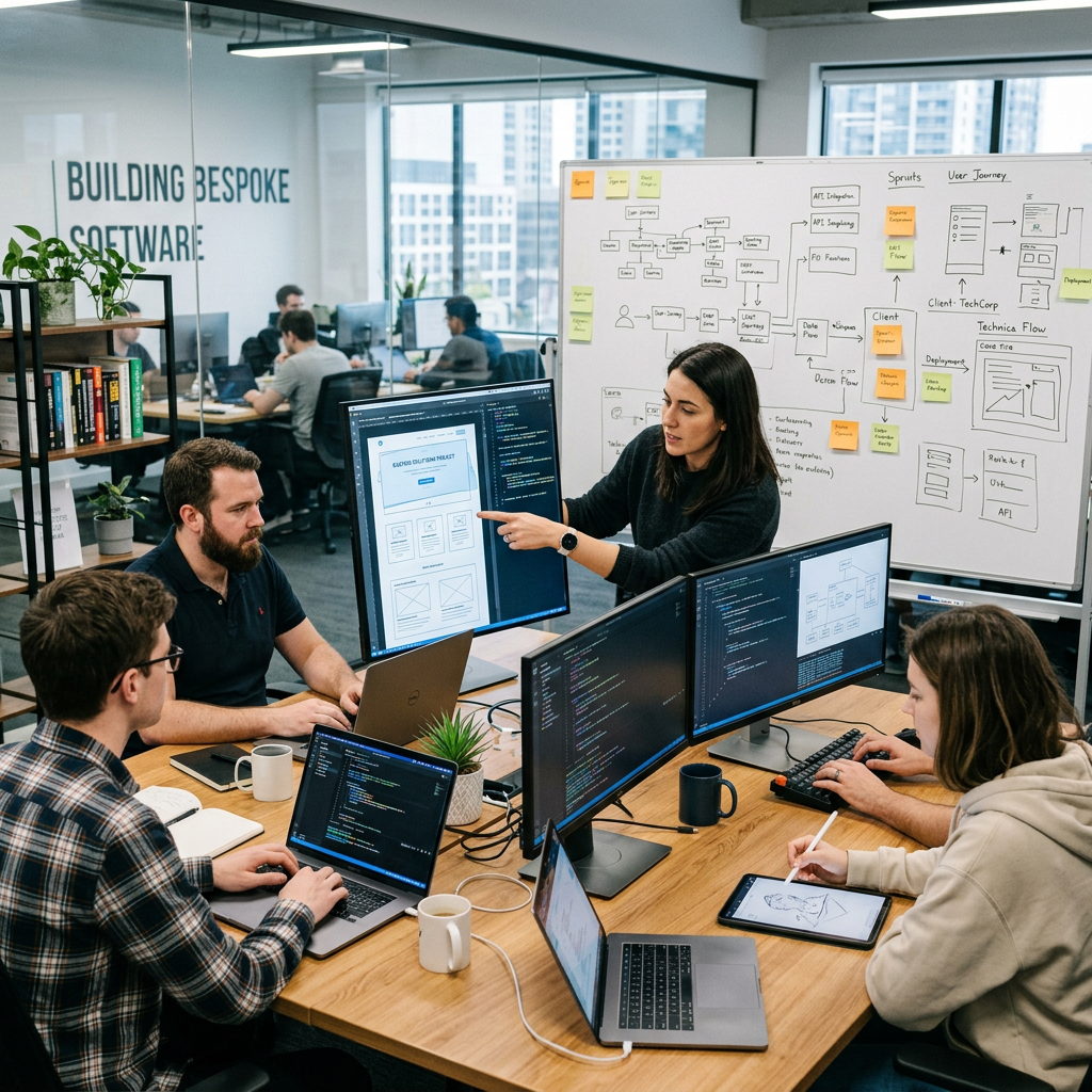 Four software developers discussing code and wireframes around a desk with multiple monitors and laptops