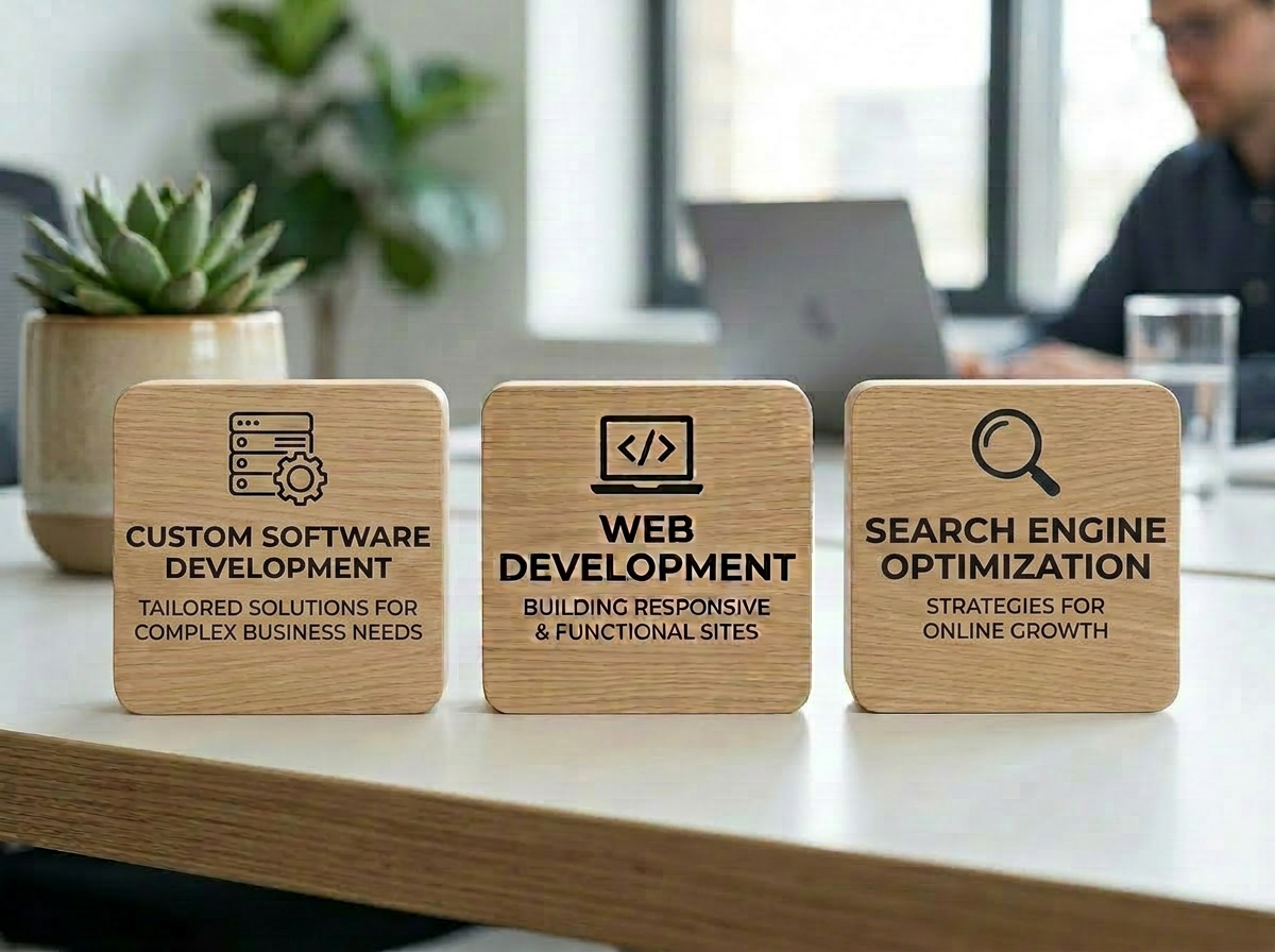 Wooden blocks with icons and text for digital marketing, web development, and branding services